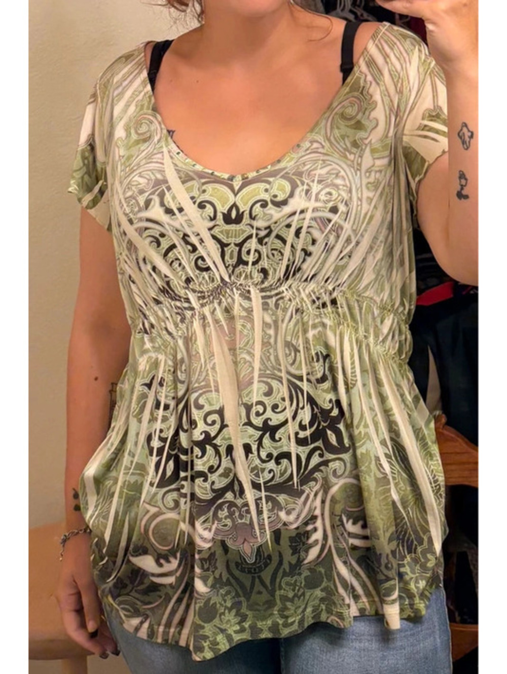 Green Fairycore Cinch Waisy Paisley Blouse with bedazzled neckline